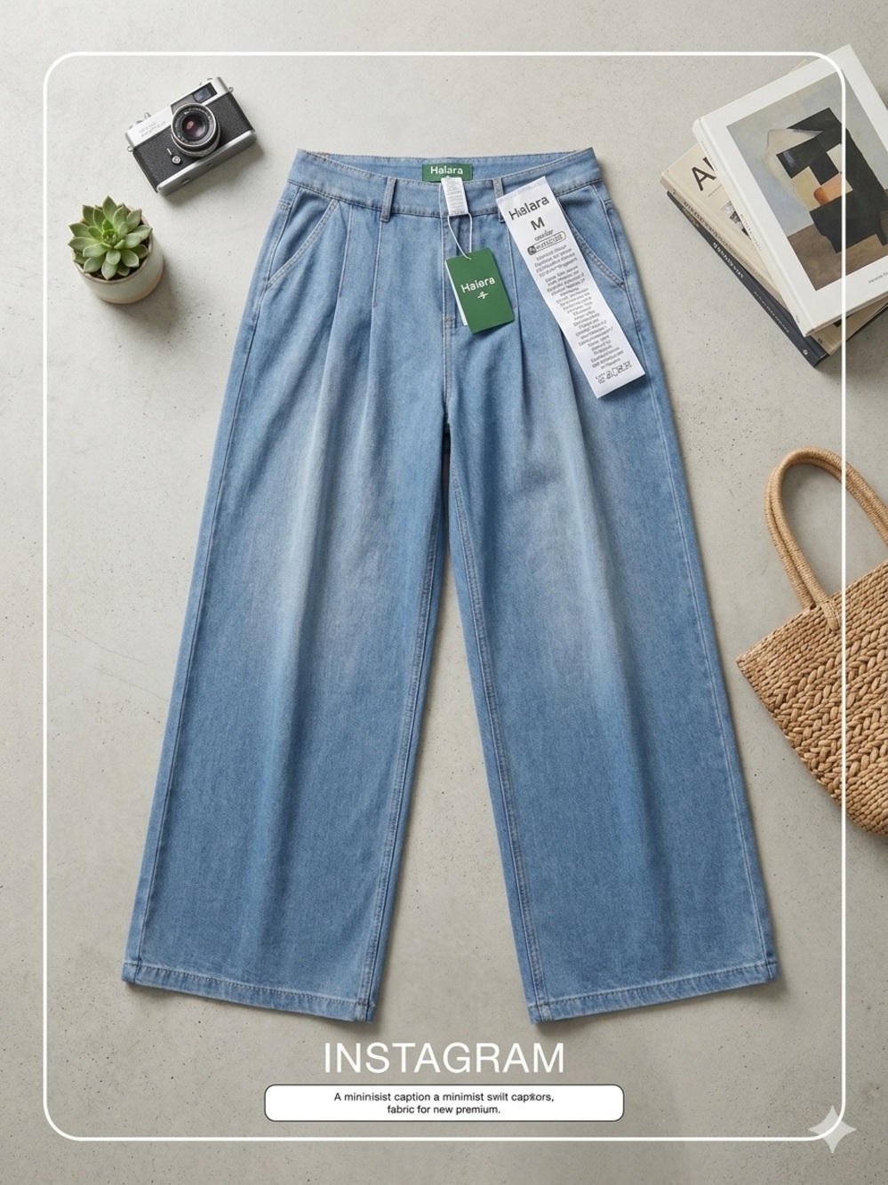 HALARA Pale Blue Wide-Leg Pleated Jeans